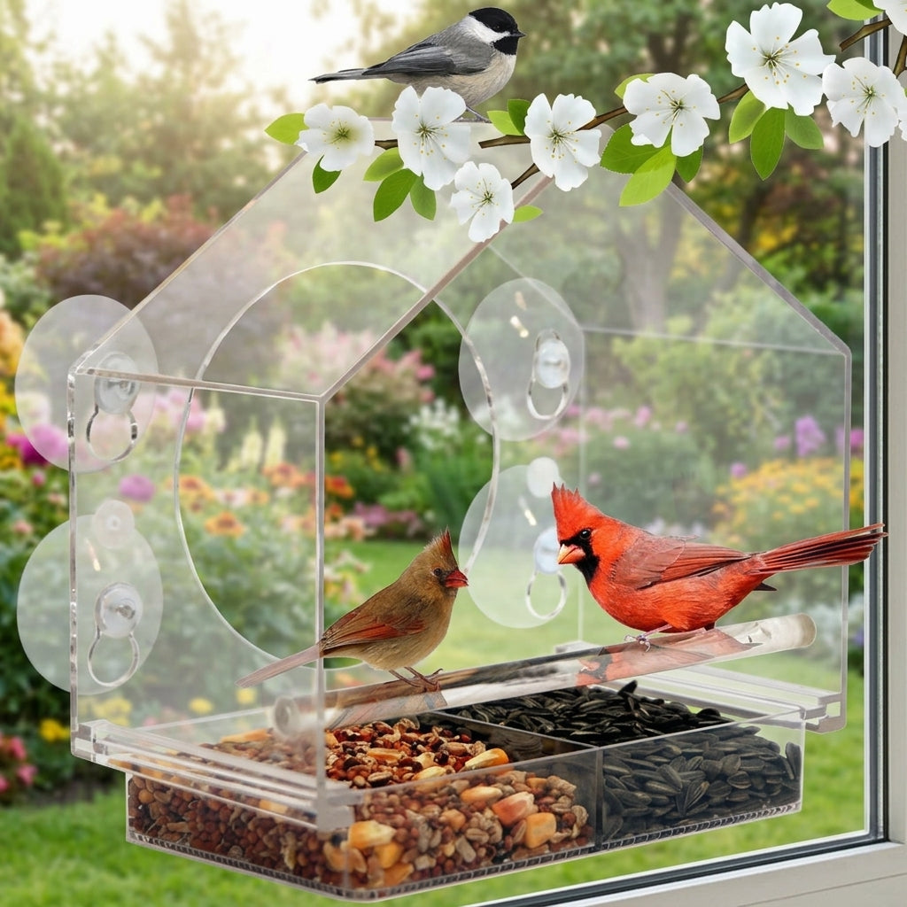 Panoramic Bird Feeder with Suction Cup Mounting, Rainproof Acrylic Bird Feeder for Balcony, Outdoor Bird Watching Station to Attract Birds
