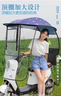 电动车遮雨棚新款电瓶摩托车防晒遮阳雨伞可拆安全双层防雨挡风棚 【双轨道滑动大开窗+加大口袋】藏青海豚—有镜拍