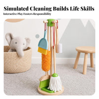 Role-Play Wooden Cleaning Toy Set Early Learning Kids Cleaning Playset Storage Stand Toy Mop and Broom Set Bright Colors for Children