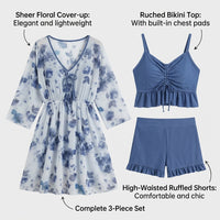 Swimsuits for Women with Padded Bra and No Underwire for Water Park, Modest 3 Piece Set for Older Ladies, Acetate Fiber