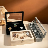 Flannel Watch Storage Box with 6 Slots and Jewelry Organizer with Transparent Lid