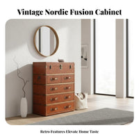 Retro Design 5-Drawer Trunk design Chest Distressed Finish 5-Drawer upright Cabinet Rivet features Storage Furniture Handmade Craftsmanship for Homeowners, Interior Decorators, Office Workers, Living Room, Entryway, Hallway, Bedroom