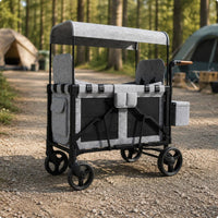 2 Seat Pushcart Wagon Full-Length Canopy Foldable Pushcart Wagon Swivel Wheels