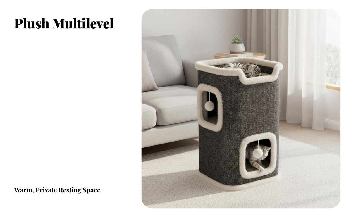 Year-Round Comfort Multi-Level Cat Tree Integrated clawing Posts Multi-Story Cat Tower with Condos Multiple Resting Spots Feline Play framework snug sanctuary for felines, Kittens, Indoors, Living Room, Bedroom, Home