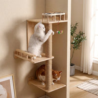 Wall Mounted Feline Perch with Sisal Scratching Surface, Sturdy Wood Indoor Climbing Frame