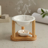 Ceramic Oil Warmer Bamboo Frame Tea Light Scented Wax Warmer Easy to Clean