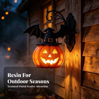 Spooky Pumpkin Light with Witch Hat | Warm Internal Glow, Jack-O'-Lantern with wing wing-like projections, for Porch