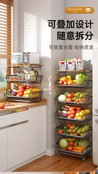 帅仕小推车蔬菜置物架厨房落地多层家用零食水果收纳菜篮子置物架 晶黑色ˇ五层ˇ加厚木板操作台【送接水盘+轮子*4】