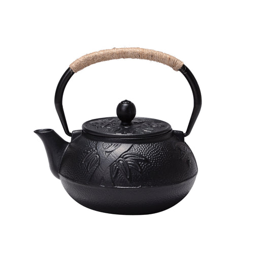 Bamboo Leaf Teapot Black Finish Hammered Cast Iron Teapot Heat Retaining
