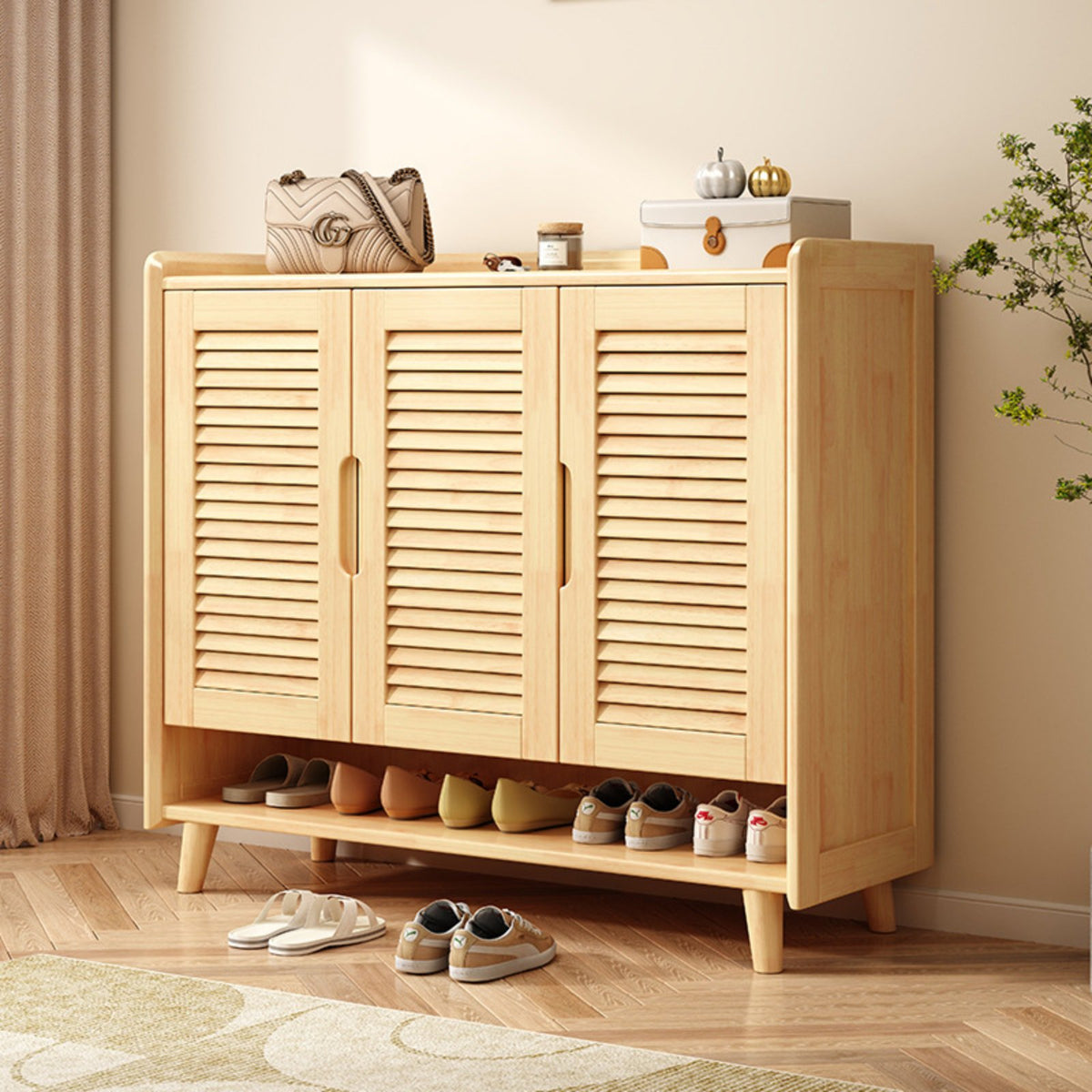 Wooden Footwear Organizer with Doors Solid Wood Frame Shoe Storage Cabinet Large Capacity Breathable Entryway Shelf Suitable for Homeowners Adults Foyer Home Decoration