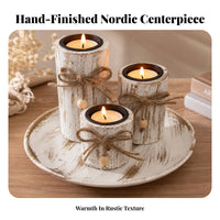 3 Pieces Wooden Candle Holder with Tray | Cozy Farmhouse Style, Candle Holder with Jute Bow, for Tabletop