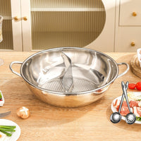 Hot Pot Induction Cooker with Stainless Steel Split Design, Large Shabu Shabu Pot with Glass Lid, Family Dinner Set with Ladle and Skimmer