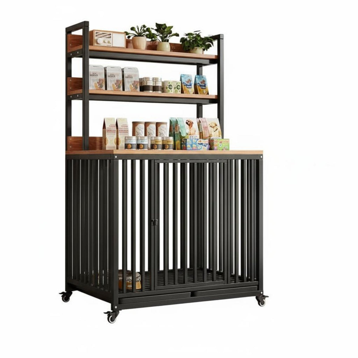 Large Dog Cage with Storage Heavy Duty Crate Reinforced Metal Frame Slide-out Trays Lockable Wheels Suitable for Living Room Bedroom Entryway