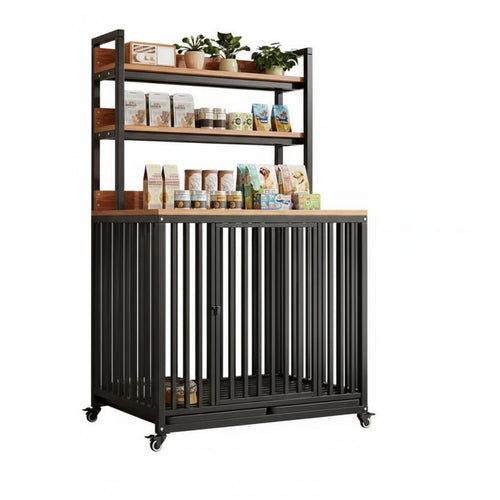 Large Dog Cage with Storage Heavy Duty Crate Reinforced Metal Frame Slide-out Trays Lockable Wheels Suitable for Living Room Bedroom Entryway