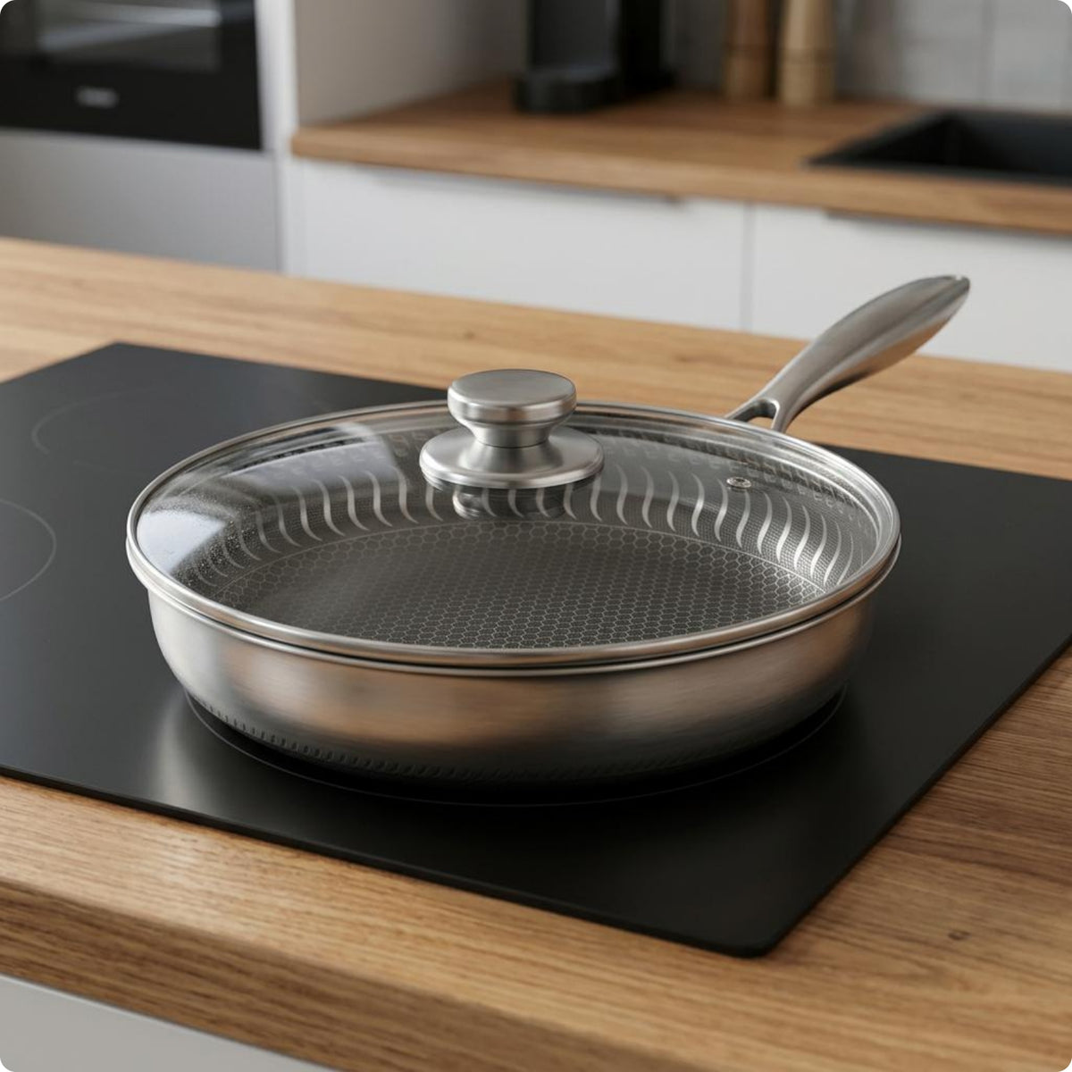 Lidded Frying Pan Lid Included Stainless Steel Frying Pan Patterned Side Walls Cookware for Stovetop Cooking