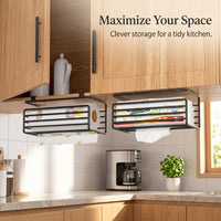Cupboard Under Cabinet Paper Towel Holder, Hanging Space Savers for Kitchen, No-Drill Dispensing Roll Multi-functional Metal for Convenient Storage