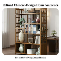 Multi-Tier Display Cabinet Heavy Duty Chinese Design Display Shelf Anti-Fall Side Panels Asymmetrical Room Divider Shelf for Tea Enthusiasts