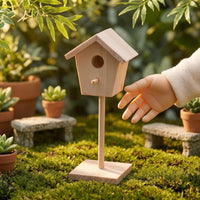 Mini Wooden Birdhouse Ornament Wood Finish Miniature Birdhouse on a Post Pitched Roof Wooden House Ornament with Base for Dollhouse, Courtyard