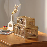 Handwoven Rattan Storage Basket with Lid for Toys, Books, Desktop Organizer