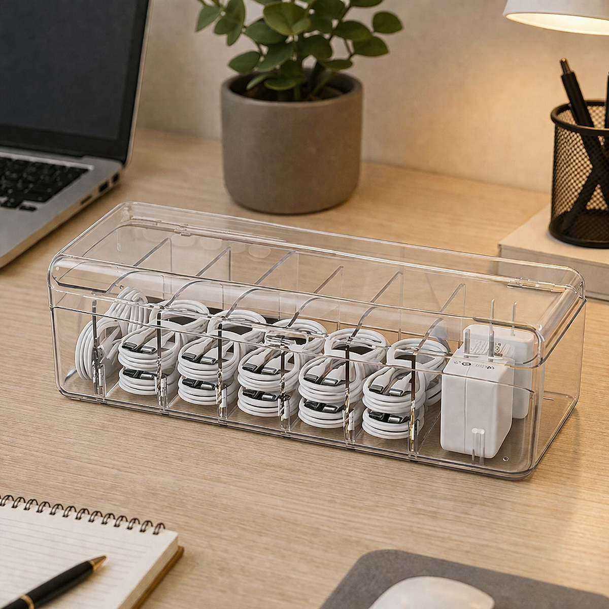 Large Cable Tidy Box, Cable Management Organiser with Internal Dividers, PET Cord Organiser for Desk & Drawers, Home Office Solution
