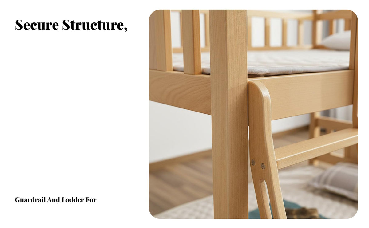 Solid Wood Bunk Bed Space-Saving Design Childrens Wooden Bed Guardrail Bedroom Furniture for Children, Kids, Small Areas, Dormitory, Apartment