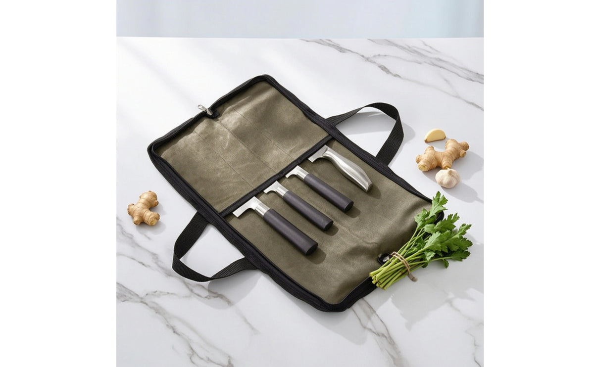 Waxed Canvas Roll Bag with 4 Slots Portable Roll Bag Compact Case Foldable for Chefs, Culinary Students, Travel, Kitchen