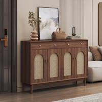 Wooden Rattan Woven Shoe Box, 160cm Width, Entryway Storage, Shoe Cabinet, 4 Doors 4 Drawers, Vintage Style