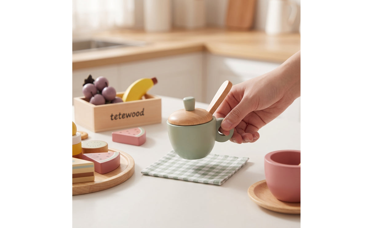 Wooden Tea Party Set Pastel Wooden Tea Set for Young Children, Playroom