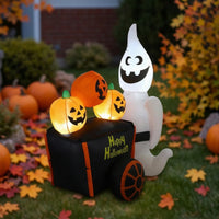 Outdoor Inflatable Ghost with Pumpkin Cart Quick-Inflate Inflatable Ghost with Pumpkin Lighted Halloween Decoration with LEDs Self-Inflating for Lawn, Garden