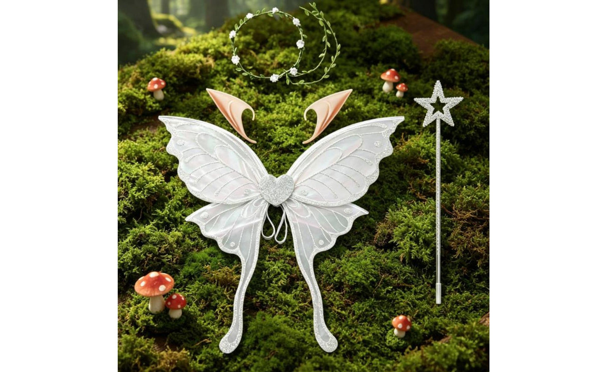4 Pieces Butterfly Wing Set Glitter Angel Wing Ears Flower Crown Matching rod Children's Dress up for Party