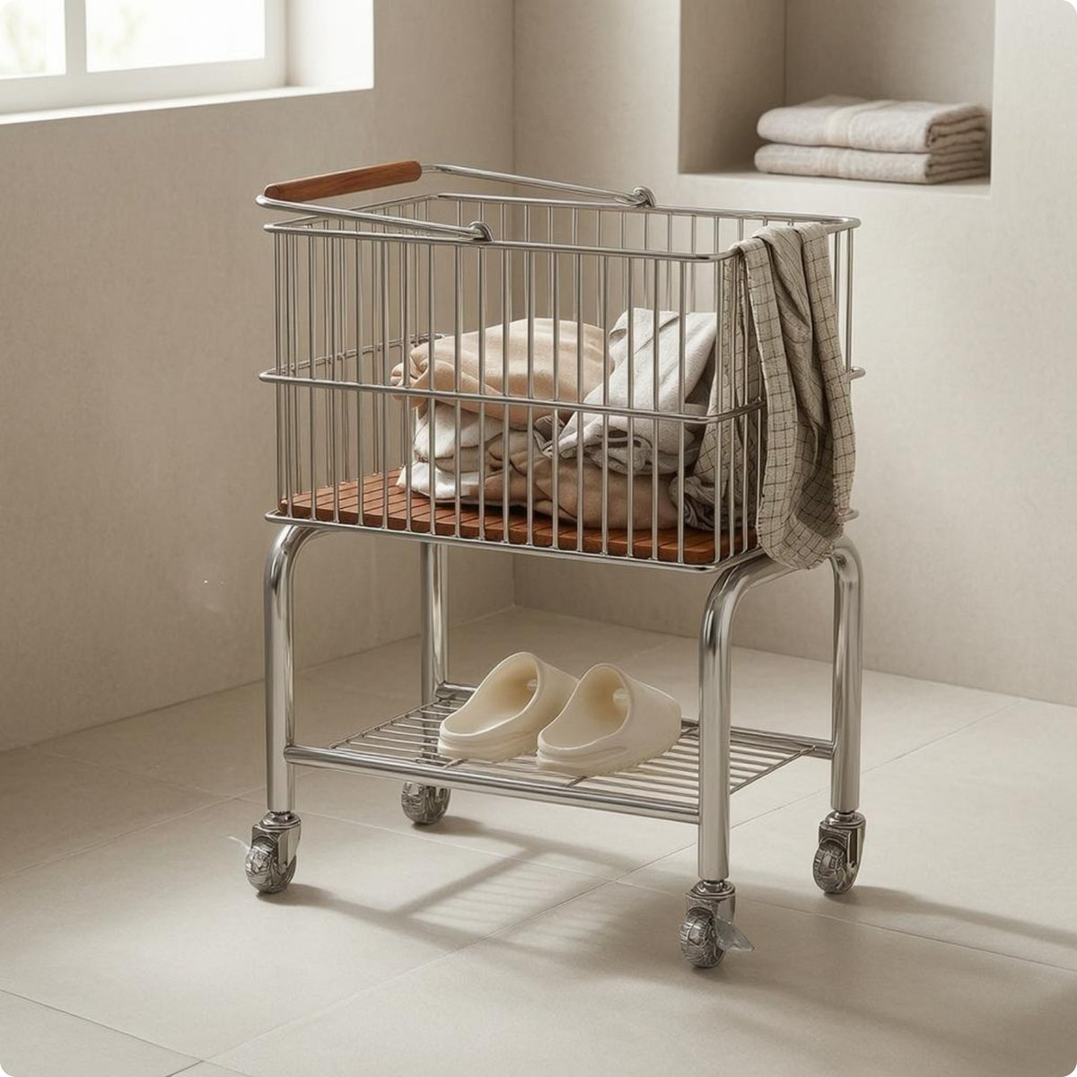 Laundry Basket Trolley Wooden Handle Home Organizer Rectangular for Bedroom