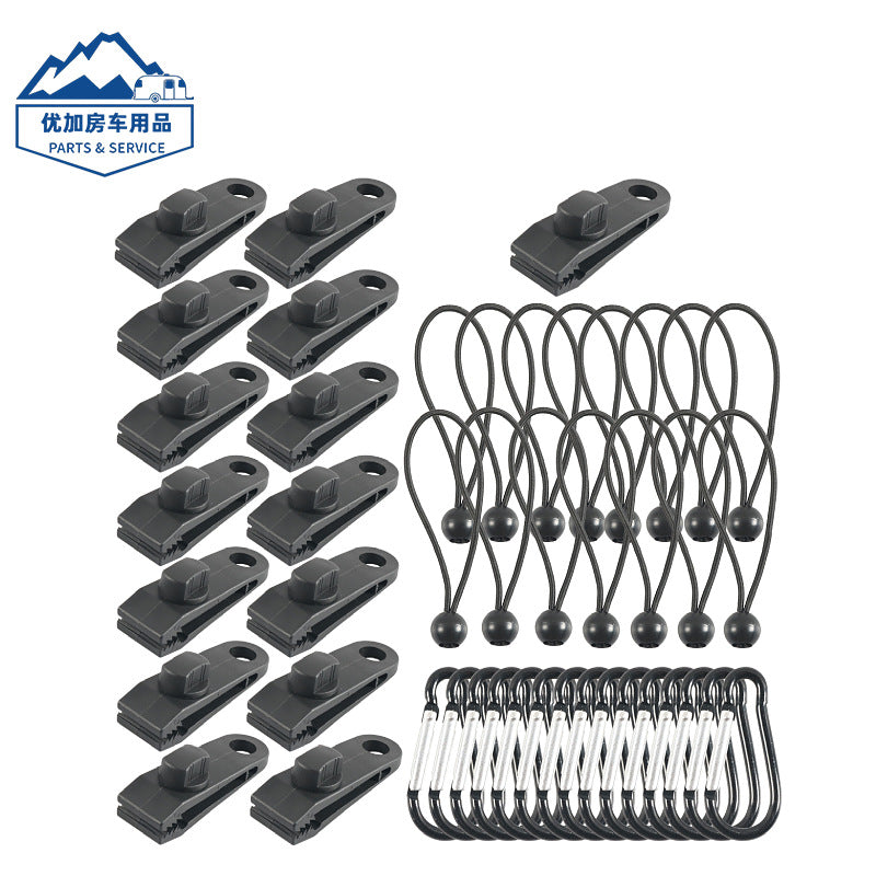 45-Piece Plastic Tent Clips with Elastic Ropes and Carabiners for Camping