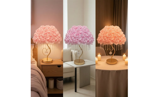 Decorative Rose Lamp with Crystal Beads Ambient Rose Lamp Gold-Tone Corded for Girls, Vanity