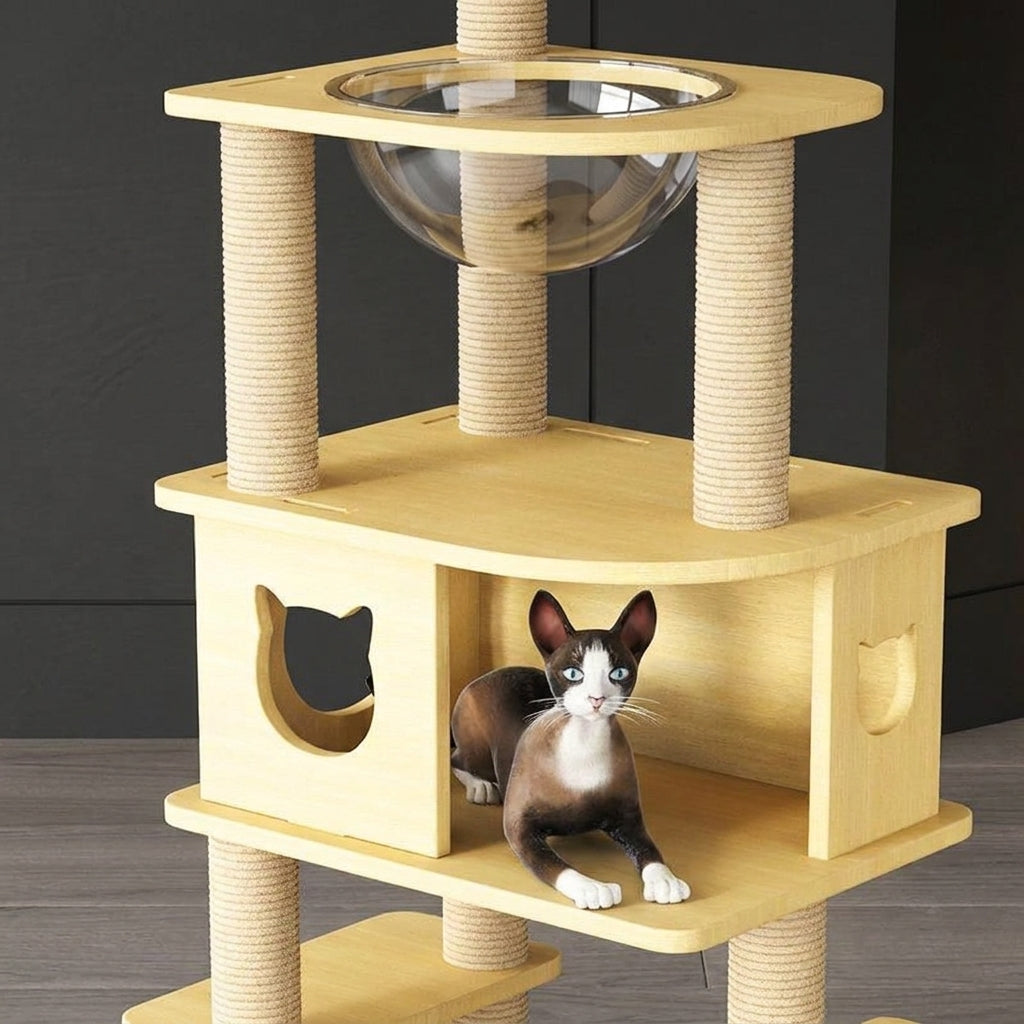 Space Capsule Cat Bed and House with 5 Density Board Levels, Climbing Frame Featuring 3 Enclosed Condos and 6 Posts