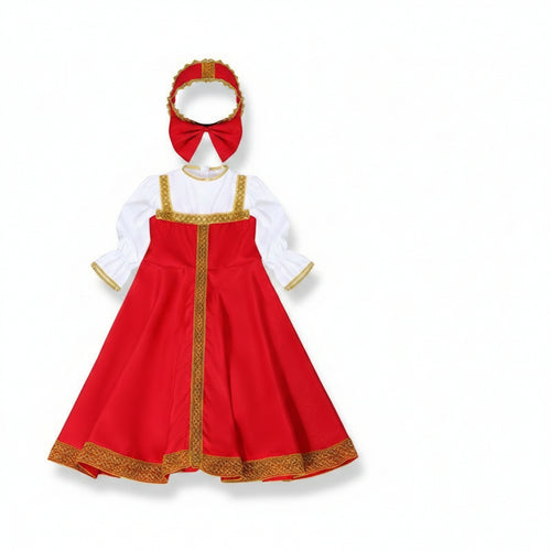 Red Folk Costume Dress Gold Trim Costume Dress with Headpiece Long Sleeve