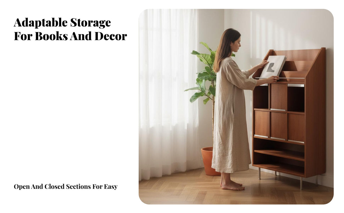 Mid-Centuryera Modern design Magazine Rack Cabinet Vintage Aesthetic Storage Furniture Space-Saving Sideboard adaptable Use for Apartment Dwellers, Interior Design fans, Living Room, Small Spaces, Home Office, Entryway