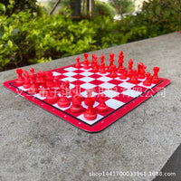 Red and White Checkered Chess Board 24cm with Pieces