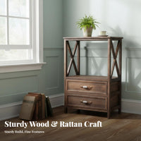 End Table with Drawer and Basket Distressed Finish Bedside Cabinet for Students