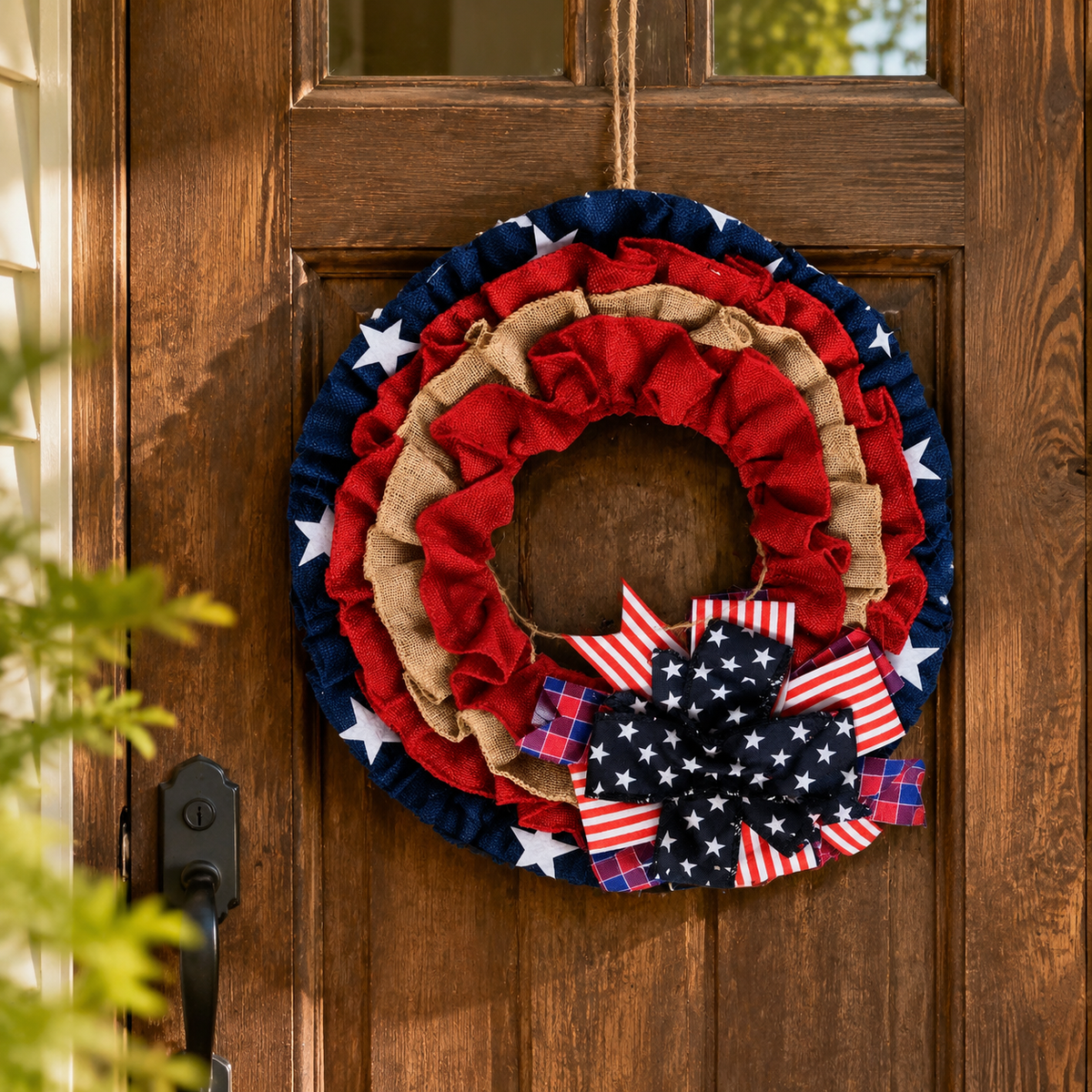 Independence Day Wreath, 40x40cm Fabric Stars Stripes Wreath for 4th of July Door Hanging, Red White Blue Patriotic Home Decor