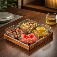 Luxury Retro Divided Serving Tray, Wood Glass Snack Tray with 4 Compartments, Gold Trim, Party Tray, Brunch Fruit Platter