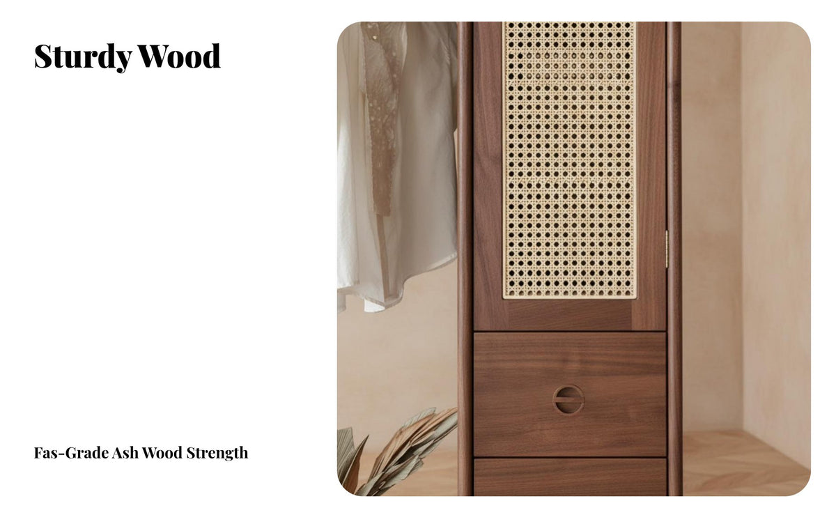 Rattan Woven Doors Garment Rack with Drawers Floor-Standing openstanding Closet with Drawers Multi-Functional Design Clothing Organizer Minimalist aesthetic for Homeowners, Apartment Dwellers, Renters, Guest Room, Entryway