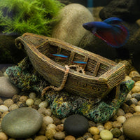 Mediterranean Style Resin Lighthouse Fish Tank Ornament with Small Wooden Boat and Reef Decor