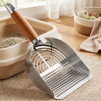 Cat Waste Scooper and Litter Sifter with Wood Handle, 304 Stainless Steel Litter Scooper for Clumping Tofu Mineral, Angled Deep Sifter Basket