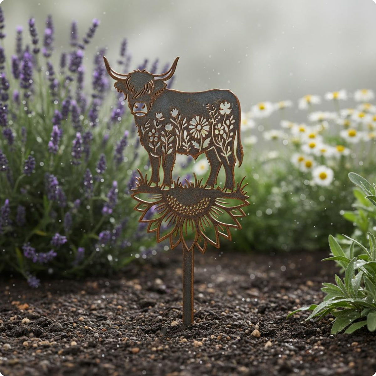 Highland Cow Stake Sign Weathered Finish Highland Cow Stake Floral Design