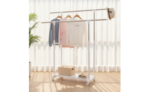 Adjustable Double Rod Clothes Rack Telescoping Clothes Rack with Double Rods Portable Furniture Heavy-Duty for Bedroom