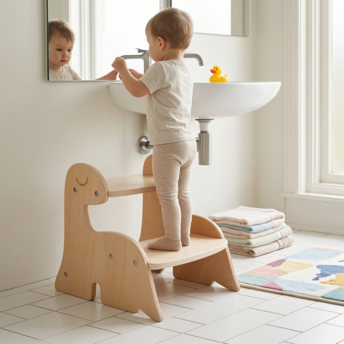 Dinosaur Step Stool Easy to Assemble Wooden Climbing Stool Snagless Furniture for Kids, Children, Lavatory, Kitchen, Bedroom
