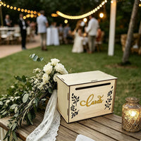Wooden Wedding Card Box Sturdy Wood Card Box with Flower Slot Polished Finish