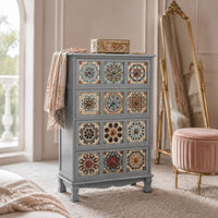 Wooden Storage Cabinet Geometric Vintage Cabinet Wooden Sideboard Tile-Like Sturdy Legs Decorative