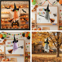 Spooky Flying Ghost with Witch Hat and Broom Floating Hanging Witch Ghost Festive Cute for Porch, Window, Haunted House, Garden