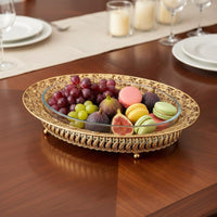 Glass Fruit Plate Gold-Tone Footed Serving Tray Polished Metal